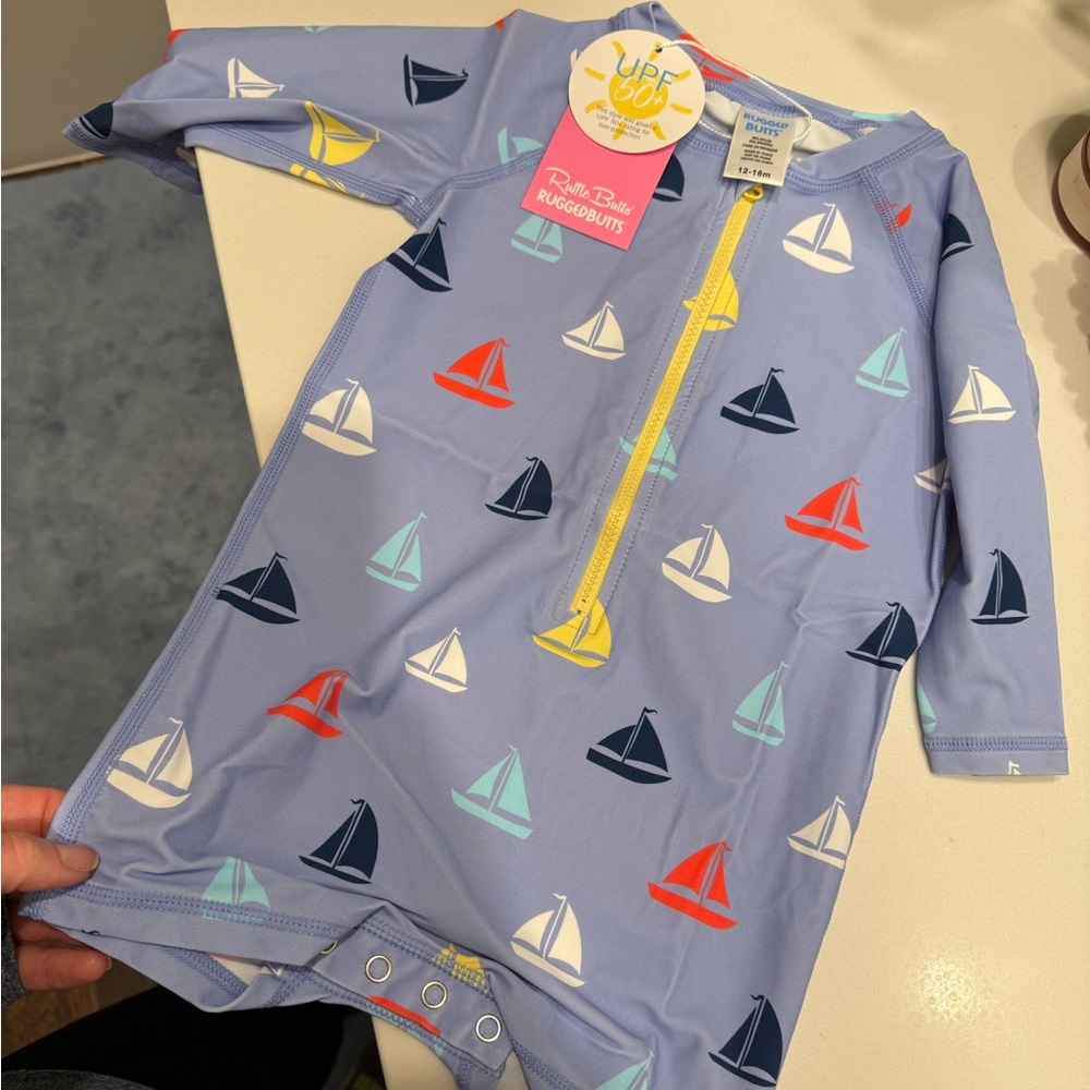 Ruffle Butts Rugged Butts “Down By The Bay” Rashguard Sunsuit 12-18Months NWT